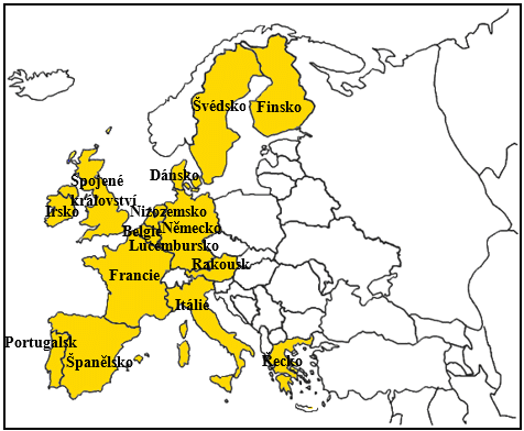 Přístupy k hodnocení rizik v zemích EU v roce 1999: a) označení členských států EU v roce 1999 (oranžová)