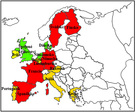 Přístupy k hodnocení rizik v zemích EU v roce 1999: b) označení národních přístupů k hodnocení rizik v zemích EU dle směrnice 82/501/EHS (Seveso I): deterministický (červená), probabilistický (zelená), kombinovaný (žlutá); země, u kterých nebyl příst