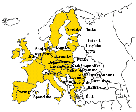 Přístupy k hodnocení rizik v zemích EU v roce 2015: a) označení členských států EU v  roce 2013 (oranžová)