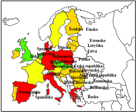Přístupy k hodnocení rizik v zemích EU v roce 2015: b) označení národních přístupů k hodnocení rizik v zemích EU dle směrnice SEVESO: deterministický (červená), probabilistický (zelená), kombinovaný (žlutá); země, u kterých nebyl přístup dohledán (or